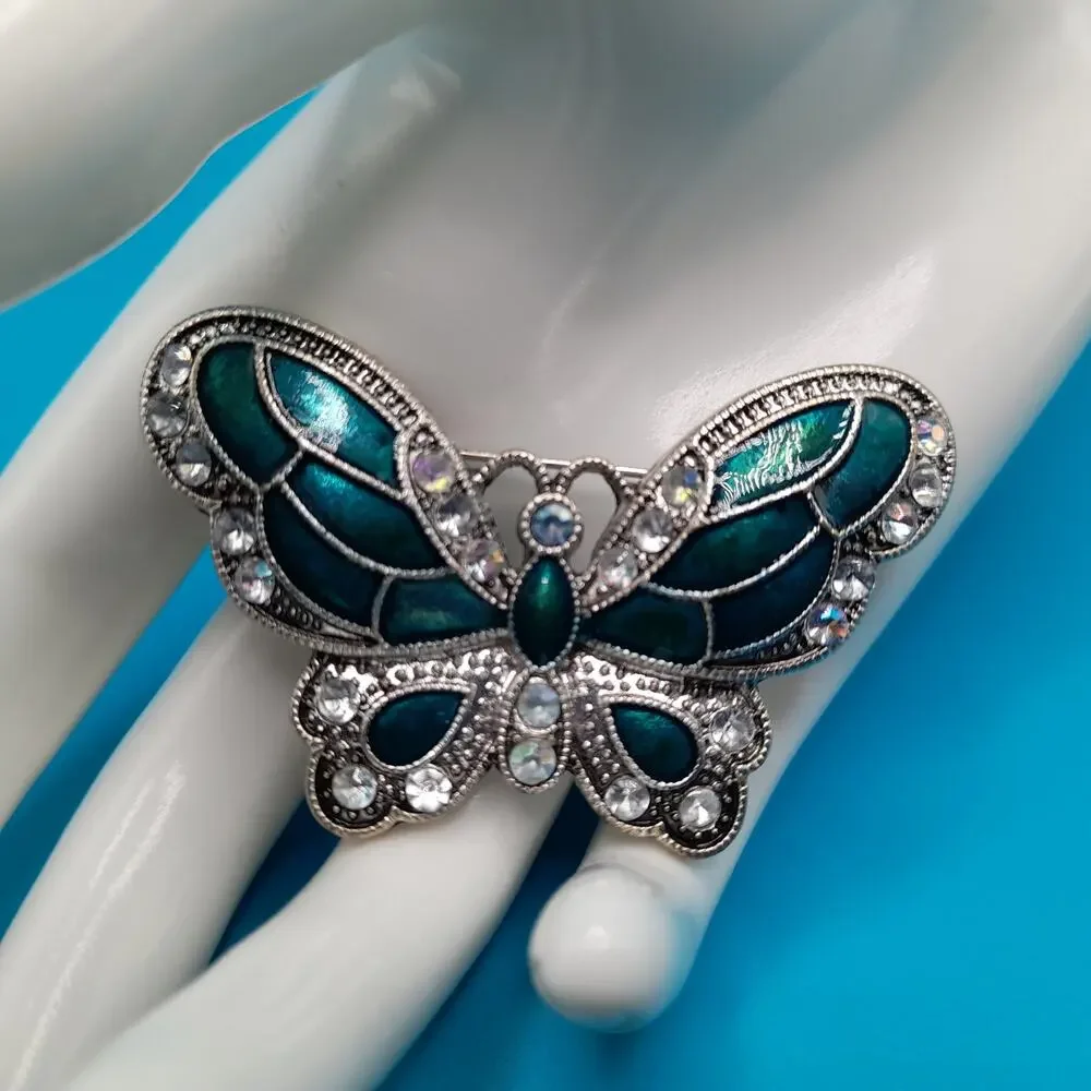 Vintage Enamel Butterfly Brooch, Metallic Teal, Aurora Borealis Rhinestones